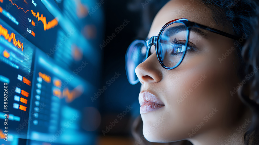 Focused woman analyzing data on digital screen with glasses, professional environment. Focused woman analyzing data on digital screen with glasses, professional environment.