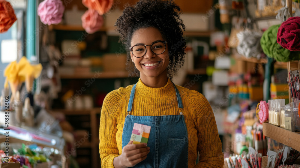 Joyful small business owner holding up a new product, standing in a colorful, well-organized store full of handmade goods Joyful small business owner holding up a new product, standing in a colorful, well-organized store full of handmade goods