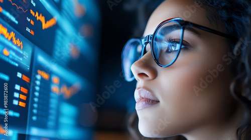 Focused woman analyzing data on digital screen with glasses, professional environment.