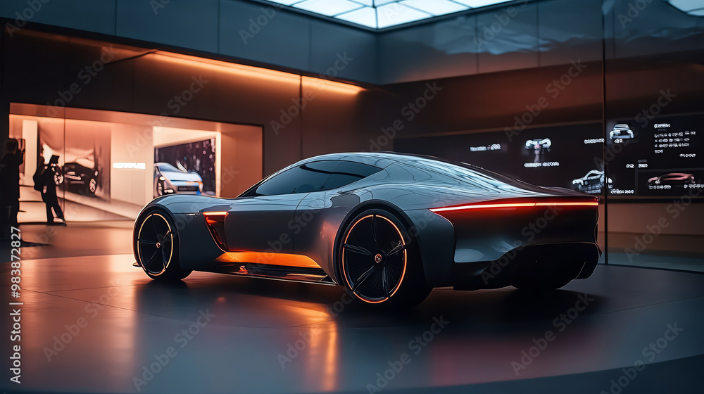 Futuristic sports car design showcased in a modern automotive showroom setting. Futuristic sports car design showcased in a modern automotive showroom setting.