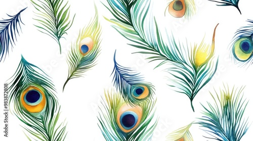 Seamless pattern of watercolor peacock feathers on a white background