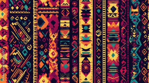 Ethnic tribal festive fabric pattern featuring abstract geometric colorful stripes and ornamental elements photo