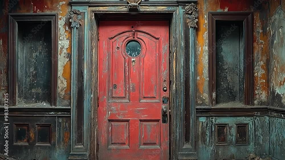 This weathered red door stands out in a dilapidated hallway filled with decay and neglect. This weathered red door stands out in a dilapidated hallway filled with decay and neglect.