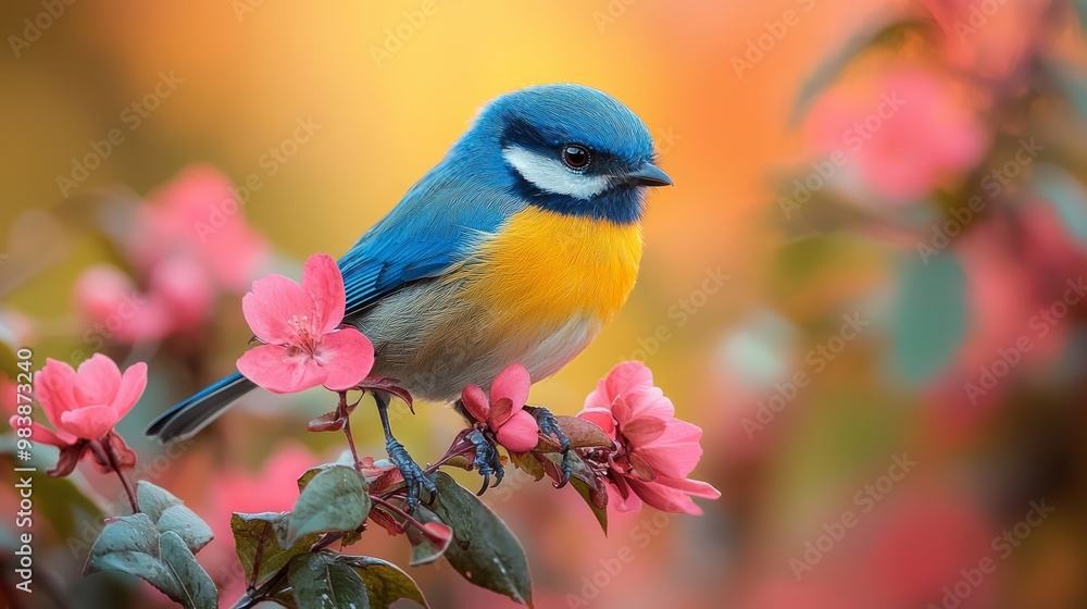 Majestic Eurasian Blue Tit Perched on Flower with Vibrant Colors in Lush Background Majestic Eurasian Blue Tit Perched on Flower with Vibrant Colors in Lush Background