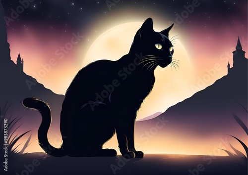 Black Cat Magic Stand on the Ground at Night at the Mountain Full Moon