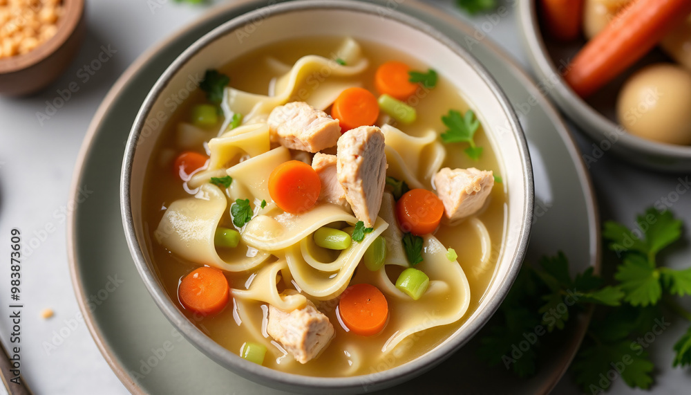 Overhead shot of a bowl of chicken noodle soup, filled with chunks of chicken, carrots, and celery. Overhead shot of a bowl of chicken noodle soup, filled with chunks of chicken, carrots, and celery.