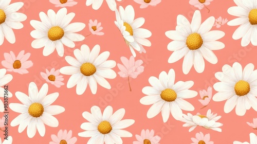 Seamless pattern featuring daisy flowers on a pink background suitable for wallpaper textiles fabric and decor