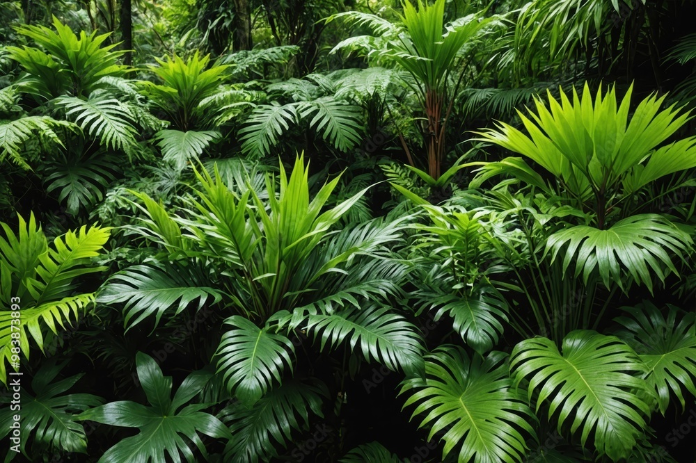 Fototapeta premium tropical rainforest foliage plants bushes (ferns, palm, philodendrons and tropic plants leaves) in tropical garden on black background, green variegated leaves pattern nature frame forest background