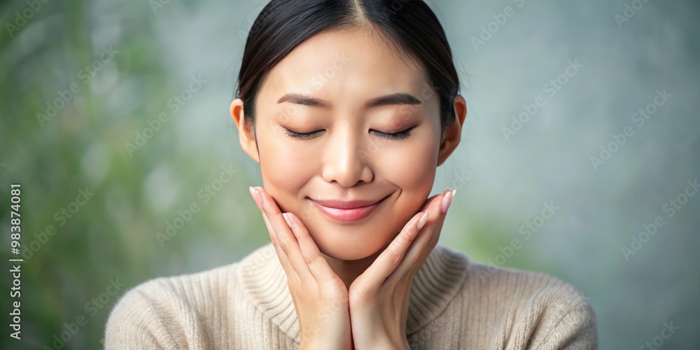 This Asian woman's face glows with inner peace as she cradles her hands loosely around her face, her This Asian woman's face glows with inner peace as she cradles her hands loosely around her face, her