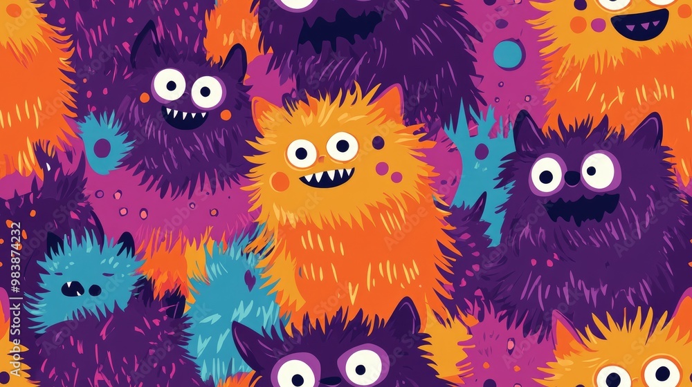 Abstract seamless pattern ideal for children s designs Creative Halloween backdrop featuring a fluffy cute monster Fun wallpaper suitable for textiles and fabrics Vibrant and colorful imagery for k Abstract seamless pattern ideal for children s designs Creative Halloween backdrop featuring a fluffy cute monster Fun wallpaper suitable for textiles and fabrics Vibrant and colorful imagery for k