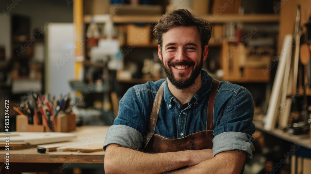 Smiling handmade product business owner in a small workshop, crafting unique pieces while surrounded by tools and materials Smiling handmade product business owner in a small workshop, crafting unique pieces while surrounded by tools and materials