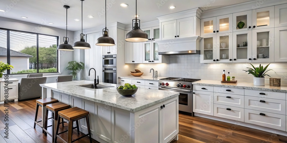 Fototapeta premium This modern kitchen boasts white shaker-style cabinets, matte black pulls, and knobs, blending functionality and style