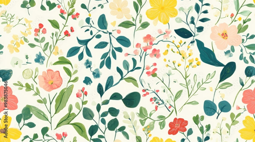 Seamless floral pattern featuring hand drawn spring flowers and leaves Ideal for wallpaper or fabric design Seamless floral pattern featuring hand drawn spring flowers and leaves Ideal for wallpaper or fabric design