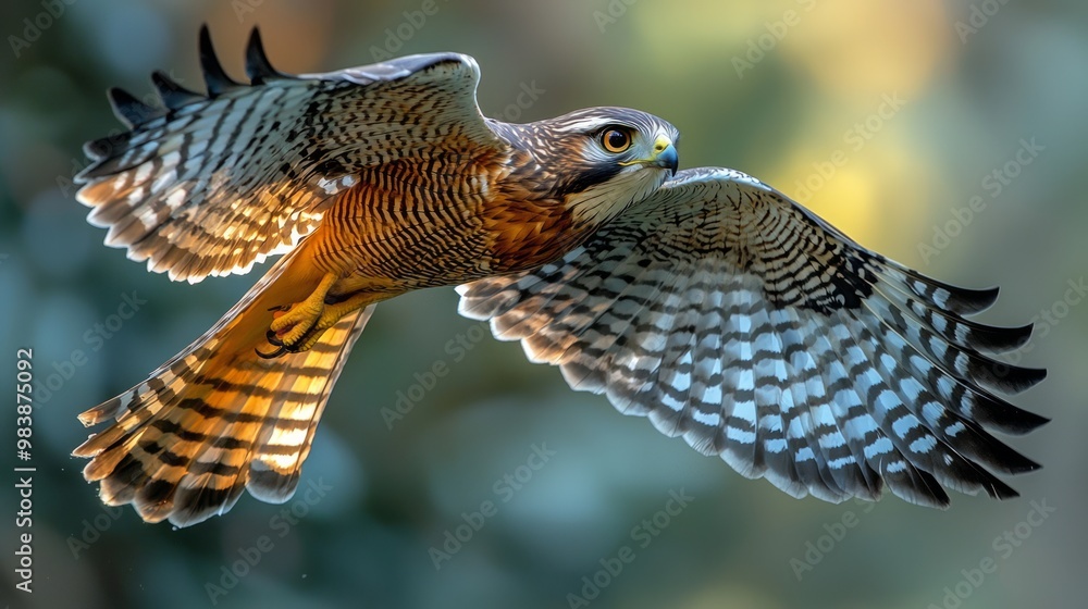 Fototapeta premium Majestic Eurasian Sparrowhawk Soaring with Graceful Movements and Intense Gaze