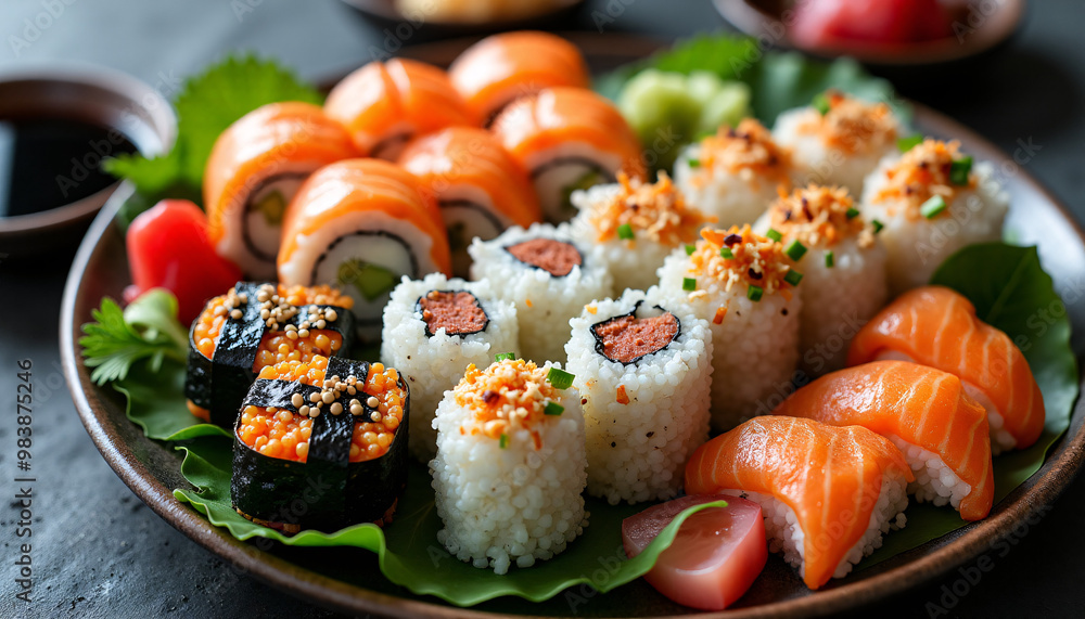 Overhead shot of a platter of assorted sushi rolls, served with soy sauce and pickled ginger. Overhead shot of a platter of assorted sushi rolls, served with soy sauce and pickled ginger.