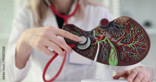 Doctor examines a liver model using stethoscope in clinic photo