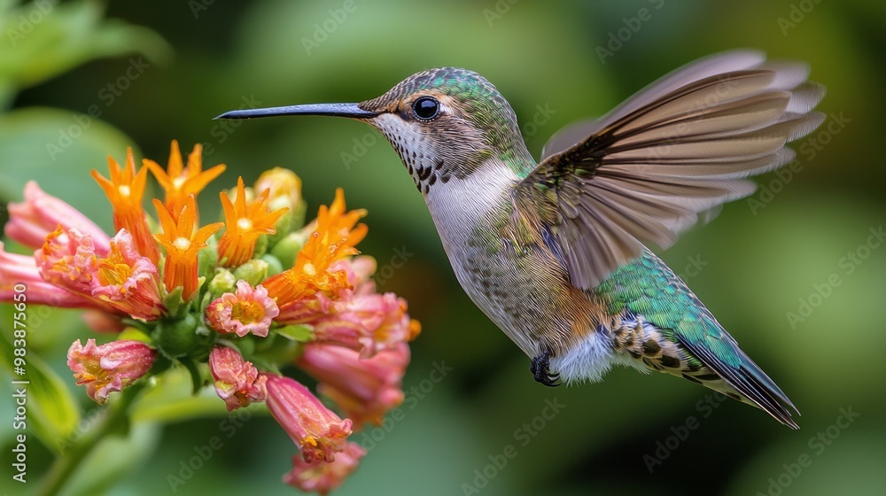 Fototapeta premium Graceful Hummingbird in Vivid Macro Close-Up with Crystal Clear Wing Detail