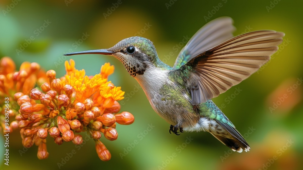 Vibrant Macro Capture of Colorful Hummingbird in Clear Wing Motion Near Flower Vibrant Macro Capture of Colorful Hummingbird in Clear Wing Motion Near Flower