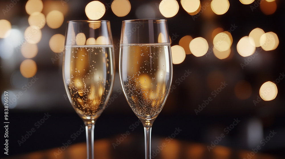 New Year's Eve celebration with champagne glasses and party decorations background New Year's Eve celebration with champagne glasses and party decorations background