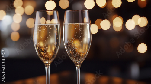 New Year's Eve celebration with champagne glasses and party decorations background