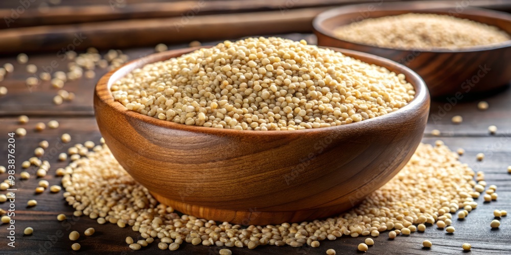 Uncooked quinoa seeds spill from a wooden bowl, awaiting their transformation into a flavorful and fiber-rich addition Uncooked quinoa seeds spill from a wooden bowl, awaiting their transformation into a flavorful and fiber-rich addition