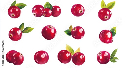 A picture with ten groups of cranberries. The cranberries are bright red,