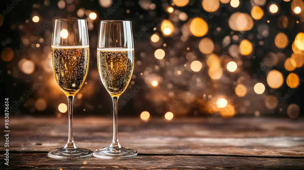 New Year's Eve celebration with champagne glasses and party decorations background New Year's Eve celebration with champagne glasses and party decorations background
