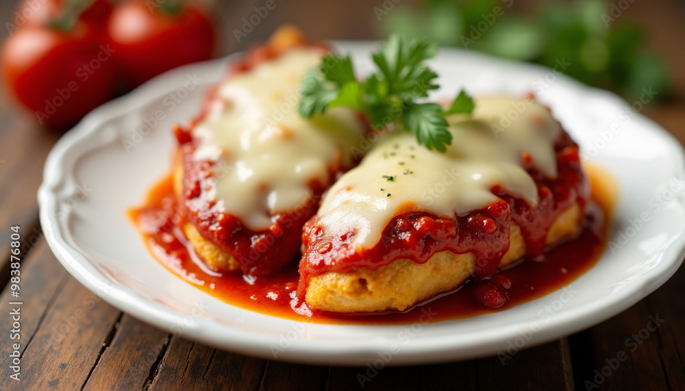 Angled shot of a plate of chicken parmesan, topped with marinara sauce and melted mozzarella cheese. Angled shot of a plate of chicken parmesan, topped with marinara sauce and melted mozzarella cheese.