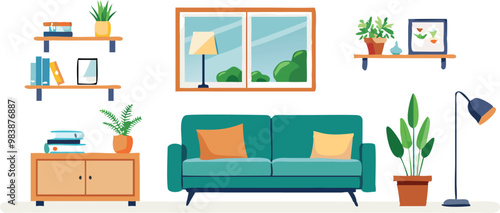 Modern Interior Design with Sofa Set Flat Vector Isolated