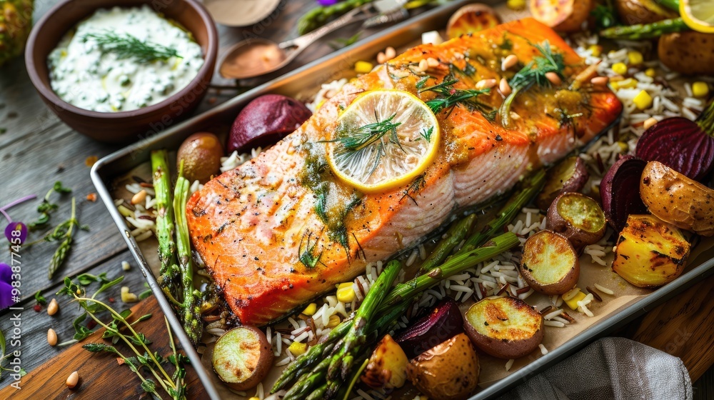 Flaky baked salmon with roasted asparagus, lemon dill sauce, wild rice, roasted beets, roasted zucchini, and a side of roasted red potatoes Flaky baked salmon with roasted asparagus, lemon dill sauce, wild rice, roasted beets, roasted zucchini, and a side of roasted red potatoes