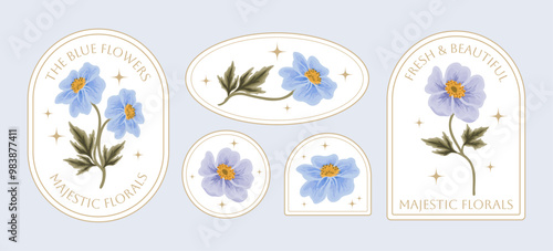 Vintage hand drawn botanical flower logo and label set with rose, daisy, gerbera, peony florals, greeneries illustration, line art frame for decoration, shop branding, beauty and feminine products