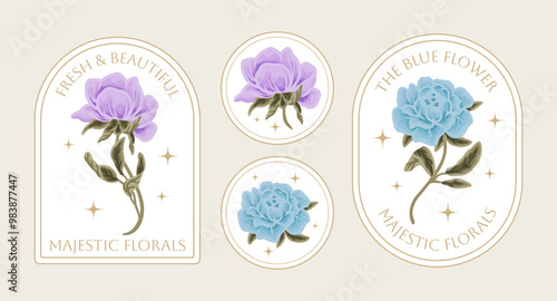 Vintage hand drawn botanical flower logo and label set with rose, daisy, gerbera, peony florals, greeneries illustration, line art frame for decoration, shop branding, beauty and feminine products