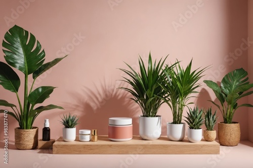 studio podium backdrop for product display, blank showcase mockup with natural elements, cosmetics or beauty product promotion mockup, pedestal with plants, cinematic lighting