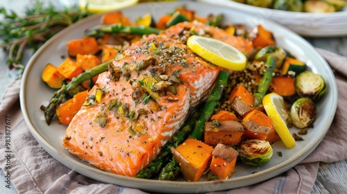 Flaky baked salmon with roasted sweet potatoes, asparagus, lemon, quinoa, roasted zucchini, roasted carrots, and a side of roasted Brussels sprouts