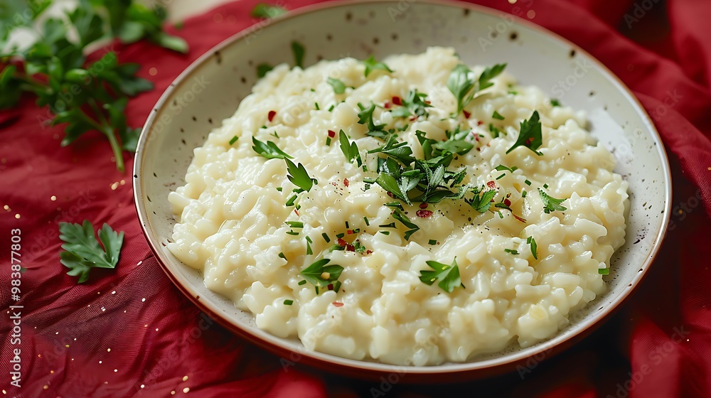 Risotto with melting cheese and savory herbs spread on a ruby backdrop Risotto with melting cheese and savory herbs spread on a ruby backdrop