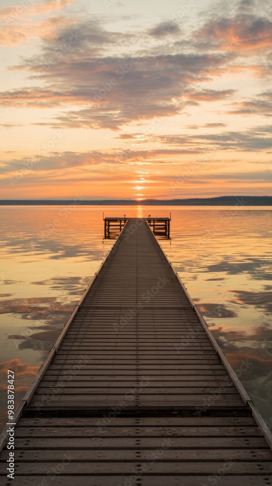 Obraz premium Wooden pier extending into calm water at sunset with colorful clouds reflecting on the lake. Tranquil landscape and nature concept. Design for posters, banners, and wallpapers