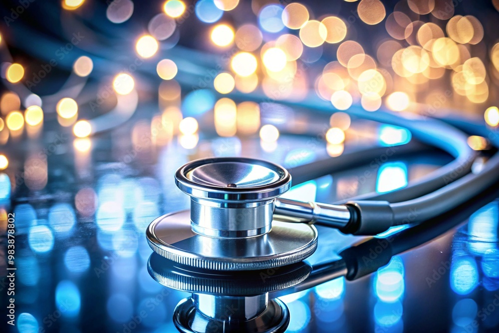 A silver stethoscope is on a table with a blue background A silver stethoscope is on a table with a blue background