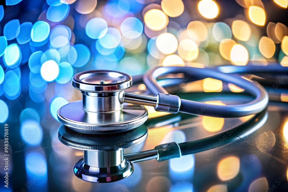 A silver stethoscope is on a table with a blue background A silver stethoscope is on a table with a blue background