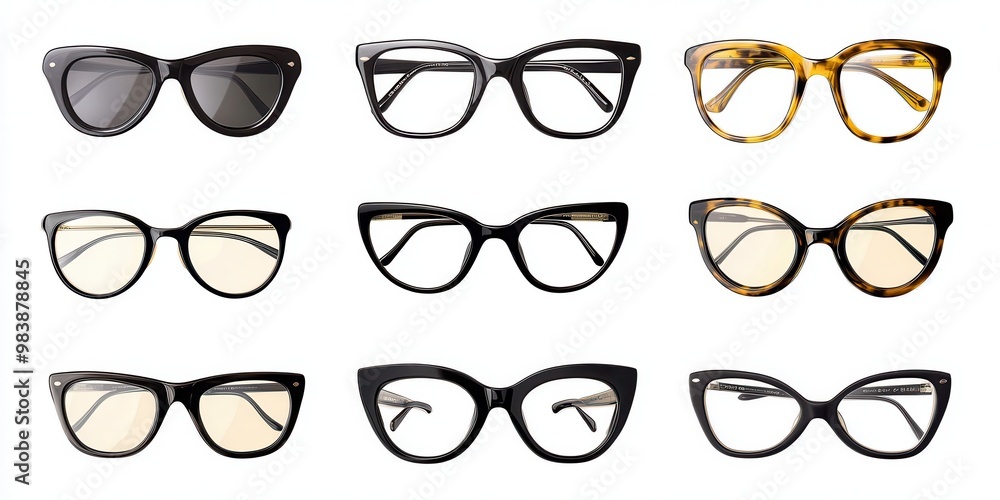 A selection of eyeglasses in different styles and frame shapes, including round, A selection of eyeglasses in different styles and frame shapes, including round,