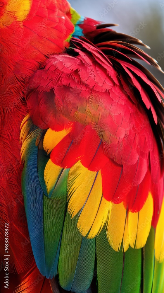 Fototapeta premium Close-up of vibrant parrot feathers with red, yellow, green, and blue colors. Detailed bird plumage. Nature and wildlife concept for posters and wallpapers