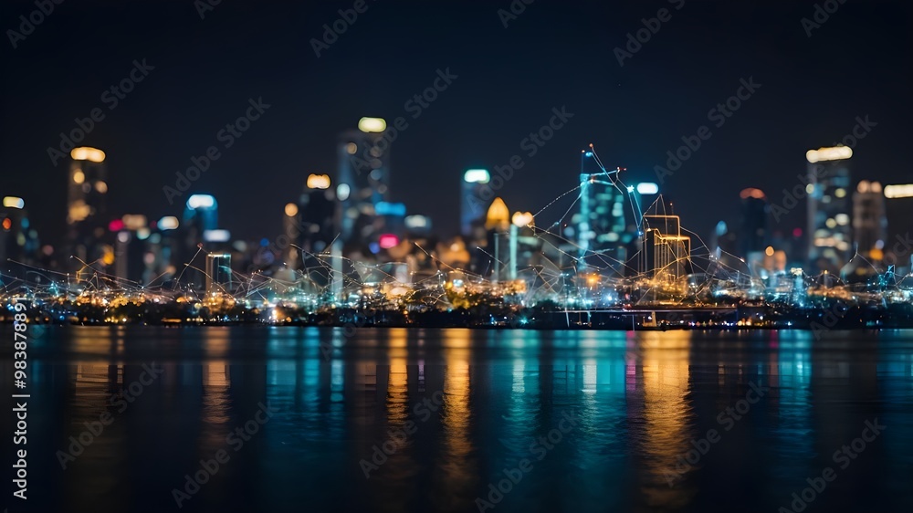 Night City Background with Abstract Line Connections: Tech and Networking Concept Night City Background with Abstract Line Connections: Tech and Networking Concept