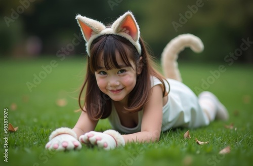 A cute teenage quadrobic girl, portrays a kitty sitting on the lawn. Lifestyle, a new trend. A kind of sport. photo