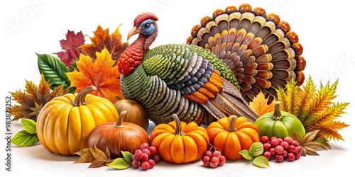 Vibrant Thanksgiving clip art collection showcasing turkeys, pumpkins, autumn leaves, and seasonal elements, perfect photo