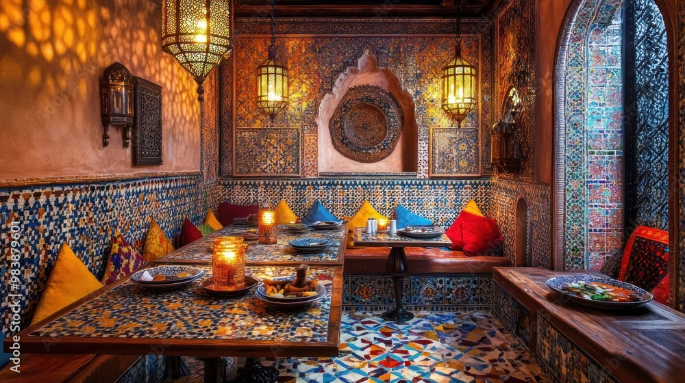 Fototapeta premium Moroccan Restaurant Interior with Intricate Tilework