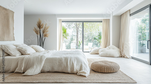 Relaxing modern bedroom with natural decor and view of garden on a sunny day in a contemporary home