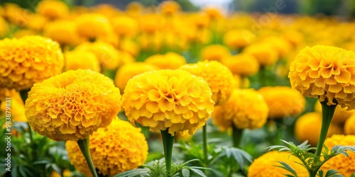 Vibrant yellow marigolds thrive in abundance, radiating a warm glow and spreading joy with their exuberant, sun-kissed
