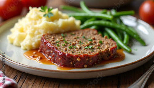 Angled shot of a plate of meatloaf, served with mashed potatoes and green beans.