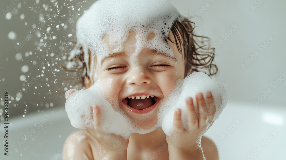 Happy child playing with bubbles during bath time, Joyful toddler enjoying a fun and bubbly bath. grooming. cosmetics photo, beauty industry advertising photo. Happy child playing with bubbles during bath time, Joyful toddler enjoying a fun and bubbly bath. grooming. cosmetics photo, beauty industry advertising photo.