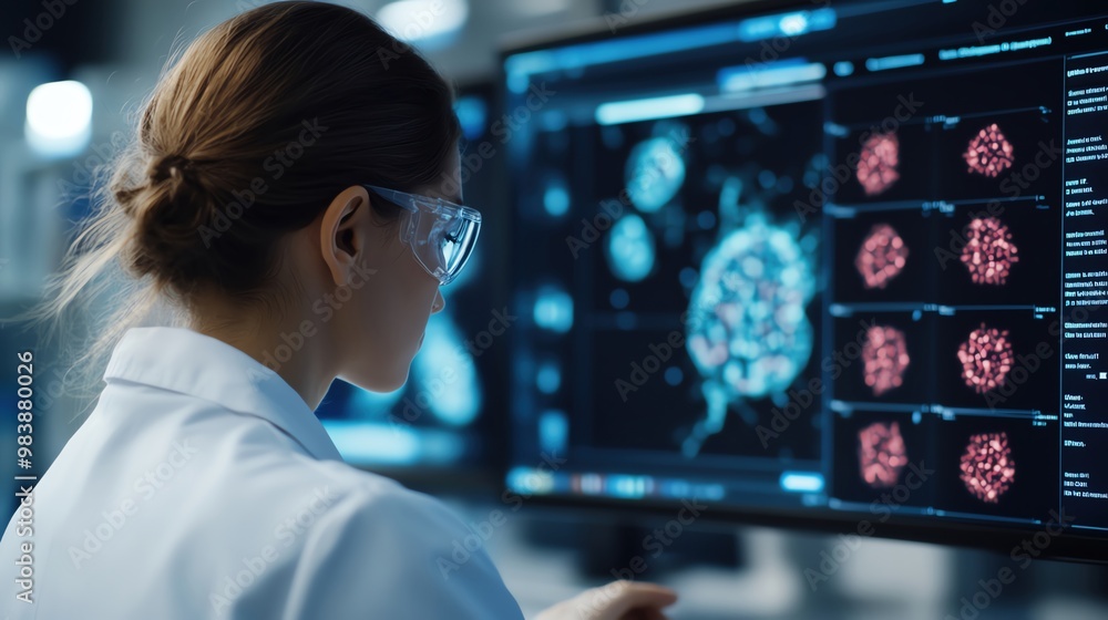 Scientist in a biotech lab using AIdriven analysis to study cell mutations on digital screens Scientist in a biotech lab using AIdriven analysis to study cell mutations on digital screens