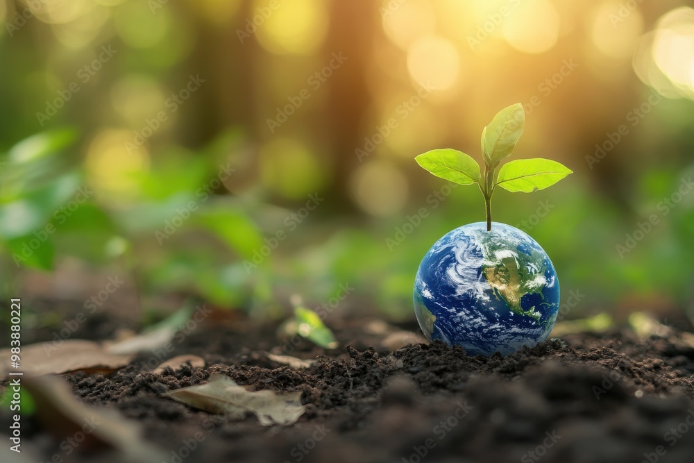 A small globe representing Earth rests on the forest floor, with a young seedling sprouting A small globe representing Earth rests on the forest floor, with a young seedling sprouting